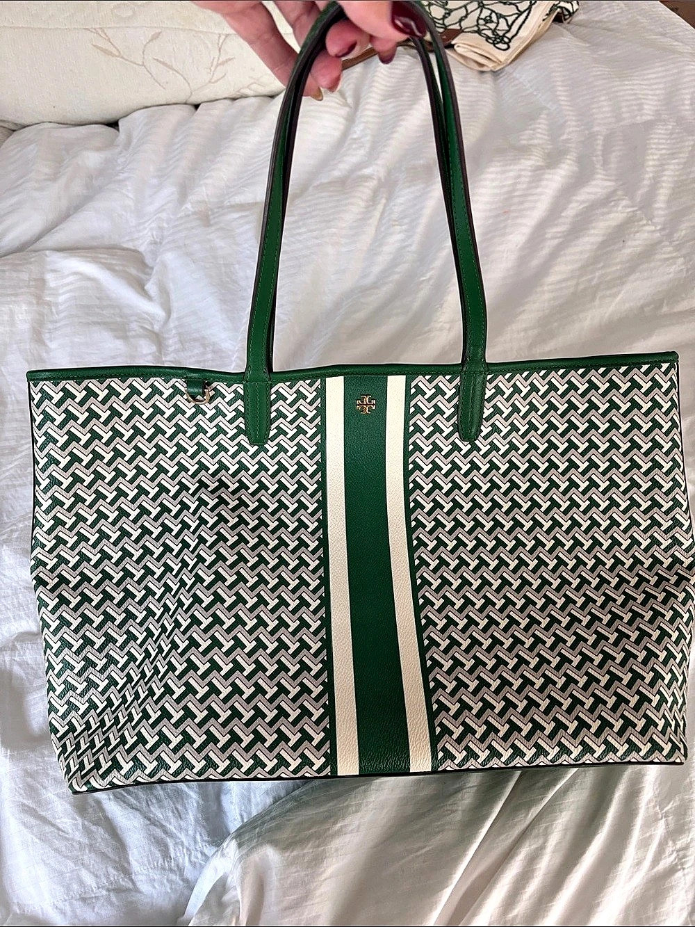 Tory Burch Geo Print Tote in Green & White